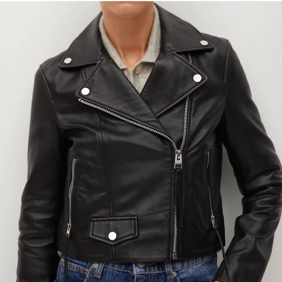 Mango Genuine Leather Biker Jacket in Black - Picture 2 of 14